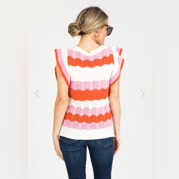 THML Anthropologie M Knit Cotton Sweater Wavy Stripe V Neck Flutter Sleeves Pink - Picture 3 of 12
